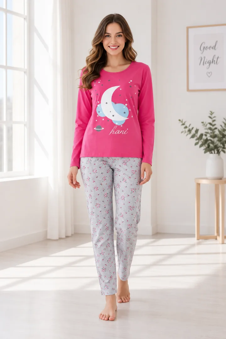 Pijama damă  mânecă lungă și pantaloni lungi ROZ cu GRI