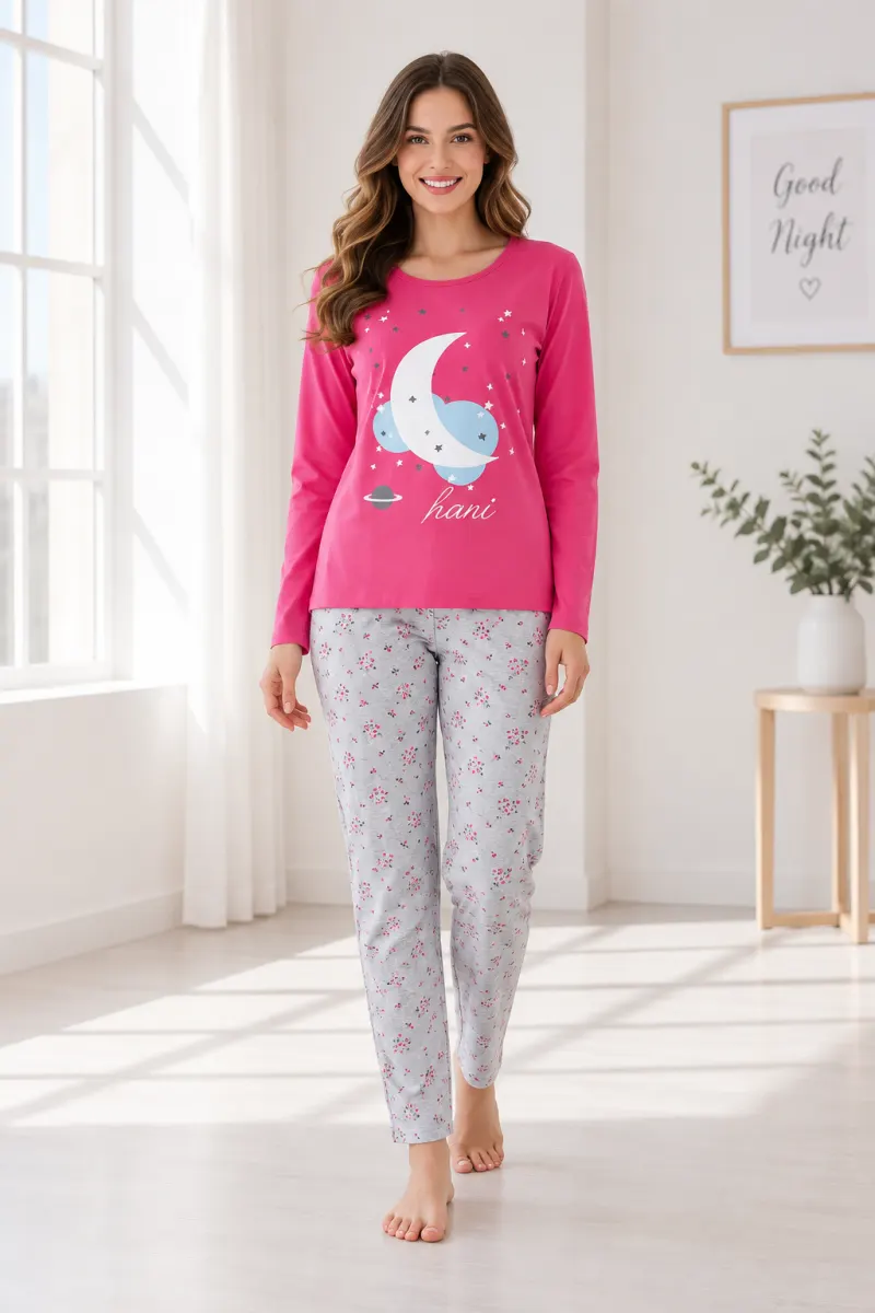 Pijama damă  mânecă lungă și pantaloni lungi ROZ cu GRI
