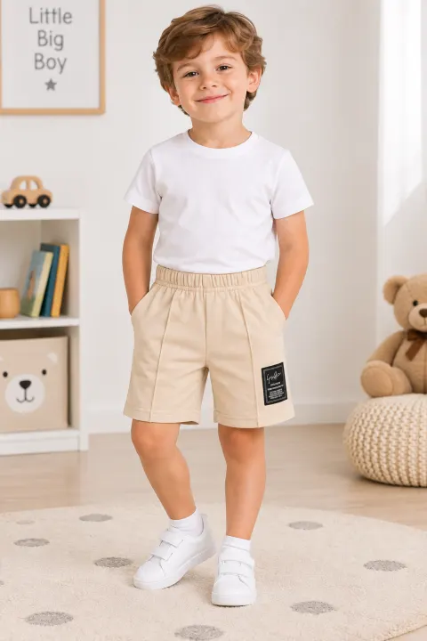 Pantaloni scurți sport copii cu dungă decorativă, Crem