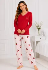 Pijama de dama rosu cu maneca lunga si pantaloni lungi