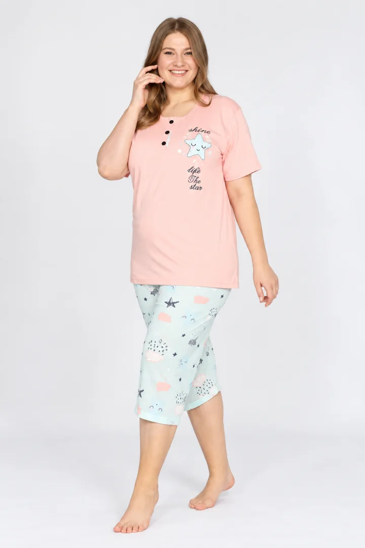 Pijama dama din bumbac, , imprimeu stea