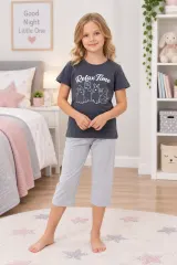 Pijama fetițe de Paște – tricou gri și pantaloni 3/4 cu imprimeu