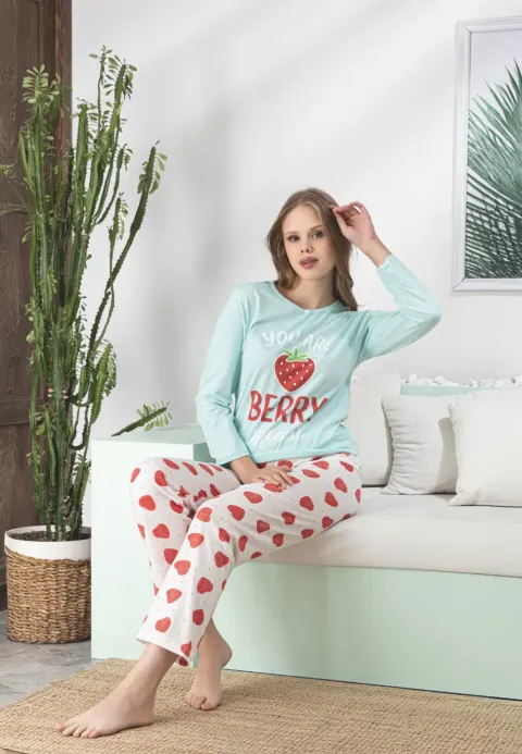 Pijama damă bleu, imprimeu „You Are Berry Special”