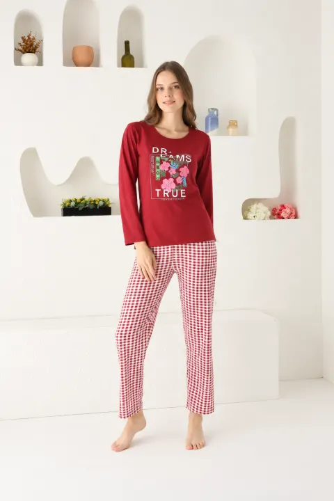 Pijama damă, mânecă lungă și pantaloni lungi, imprimeu Dreams Come True, rosu