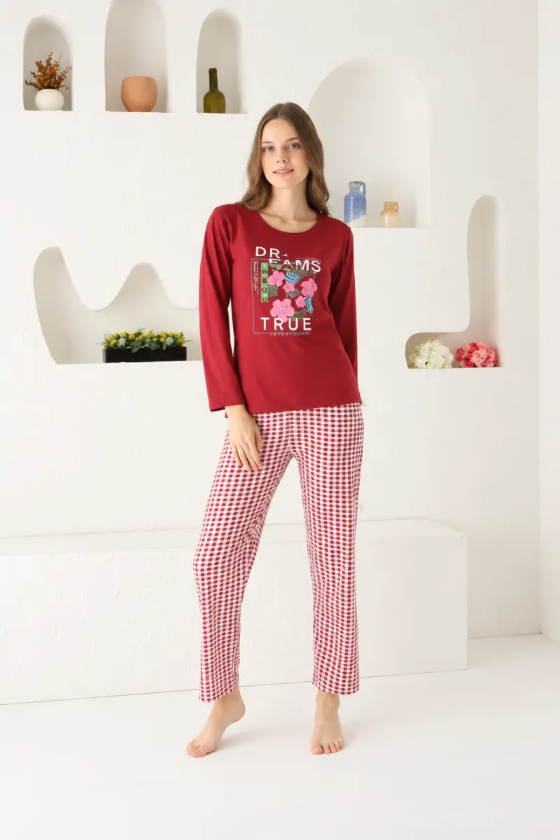 Pijama damă, mânecă lungă și pantaloni lungi, imprimeu Dreams Come True, rosu