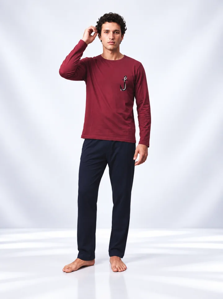 Pijama bărbați cu mânecă lungă și pantaloni lungi cu imprimeu