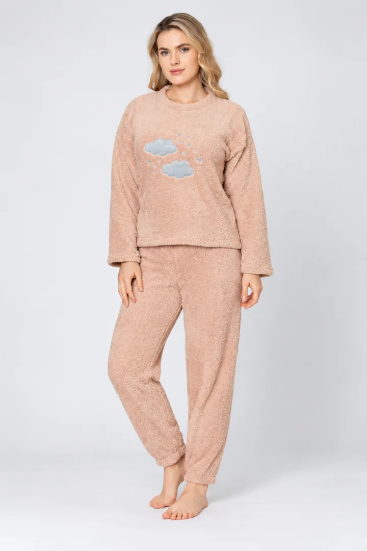 Pijama damă „COCOLINO” crem cu imprimeu nori și steluțe