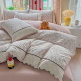 Lenjerie de Pat din 100% Bumbac cu Dantelă, 4 Piese, Cearșaf cu Elastic 180x200 cm