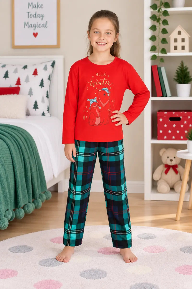 Pijama copii cu mânecă lungă și pantaloni lungi – imprimeu „Hello Winter”