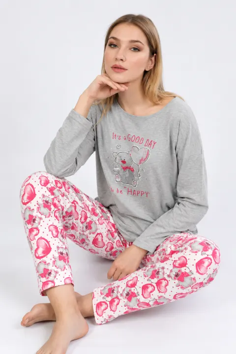 Pijamale damă cu imprimeu It's A Good Day, gri