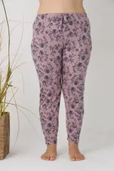 Pantaloni de pijama damă Big Size, roz cu flori albastre