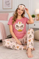 Pijama Dama din Bumbac – Set cu Tricou „I Love Pizza” și Pantaloni Lungi, Masca de Dormit, roz