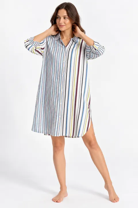 Rochie damă Arnetta din viscoză, cu guler clasic, mânecă 3/4 și dungi multicolore, până la genunchi
