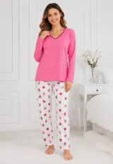 Pijama de dama roz cu maneca lunga si pantaloni lungi alb cu capsuni