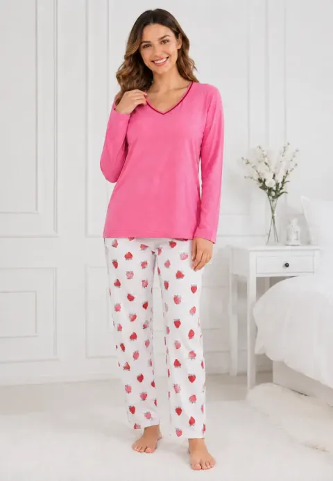 Pijama de dama roz cu maneca lunga si pantaloni lungi alb cu capsuni
