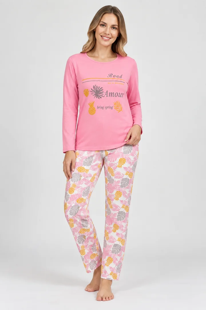 Pijama damă  roz cu imprimeu „Amour”