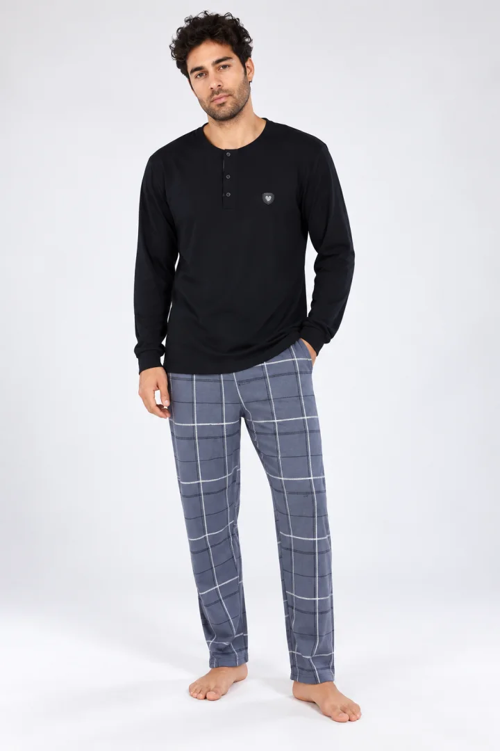 Pijamale bărbați negru – pantaloni gri în carouri
