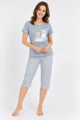 Pijama Dama Tricou și Pantaloni 3/4, Masca de Dormit, gri