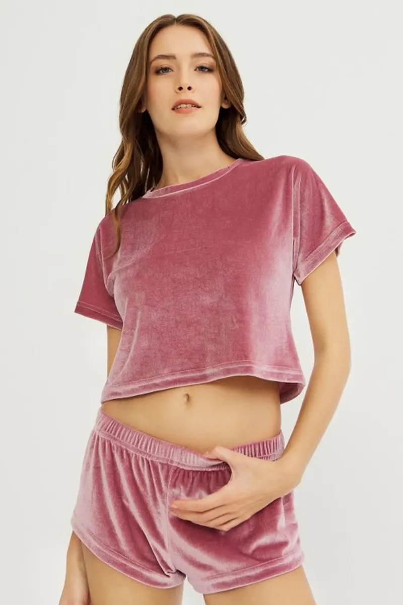 Set damă tricou și short din catifea, Roz Pudra