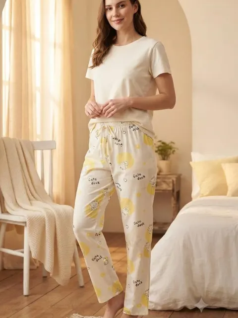 Pantaloni de pijama de dama alb cu galben