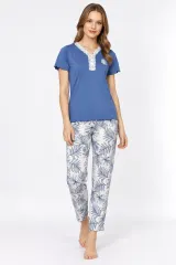 Set pijamale dama cu imprimeu frunza, culoare albastru