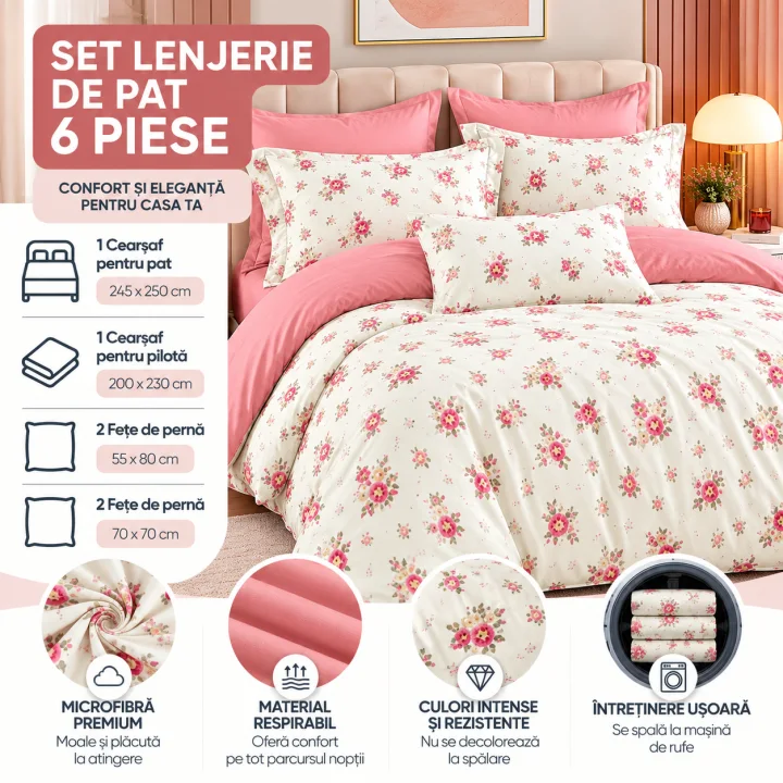 Set Lenjerie de Pat Dublu din Microfibră Premium, 6 Piese, Cearșaf 245x250 cm