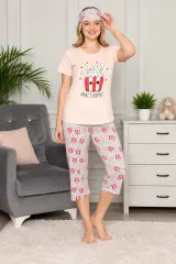 Pijama damă cu tricou, pantaloni trei sferturi și mască de dormit, what's poppin?, galben