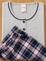 Pijama damă  mânecă scurtă și pantaloni lungi gri cu roz