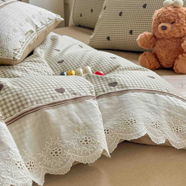 Lenjerie de Pat din 100% Bumbac cu Dantelă, 4 Piese, Cearșaf cu Elastic 180x200 cm