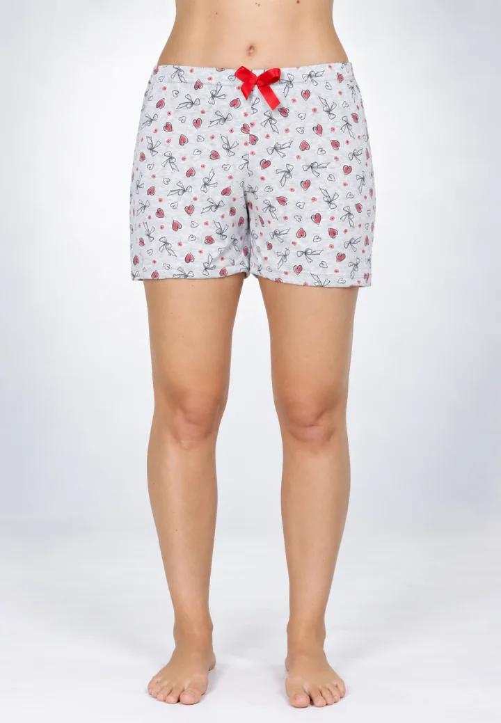 Short damă pijama, gri, imprimeu inimi roșii
