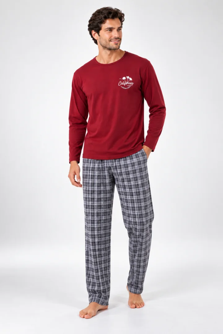 Pijama barbat bordo cu maneca lunga si pantaloni lungi carouri gri