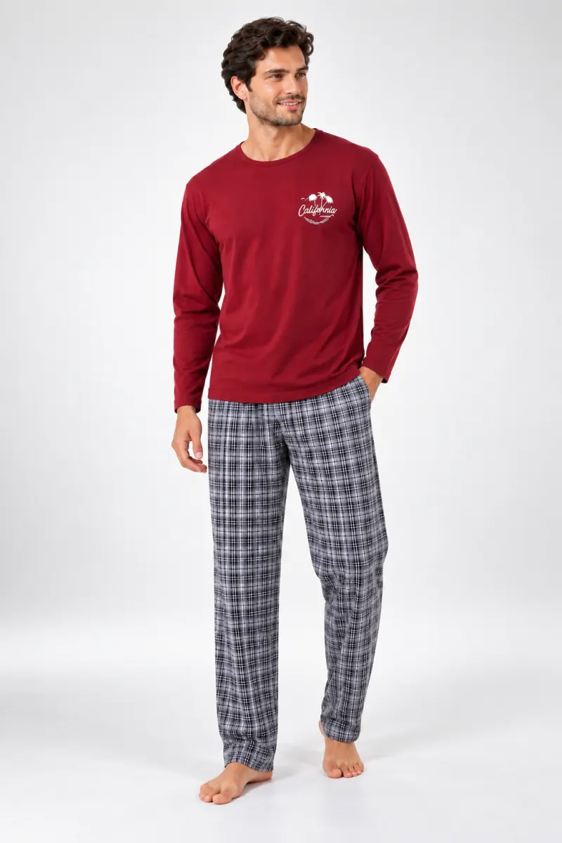Pijama barbat bordo cu maneca lunga si pantaloni lungi carouri gri