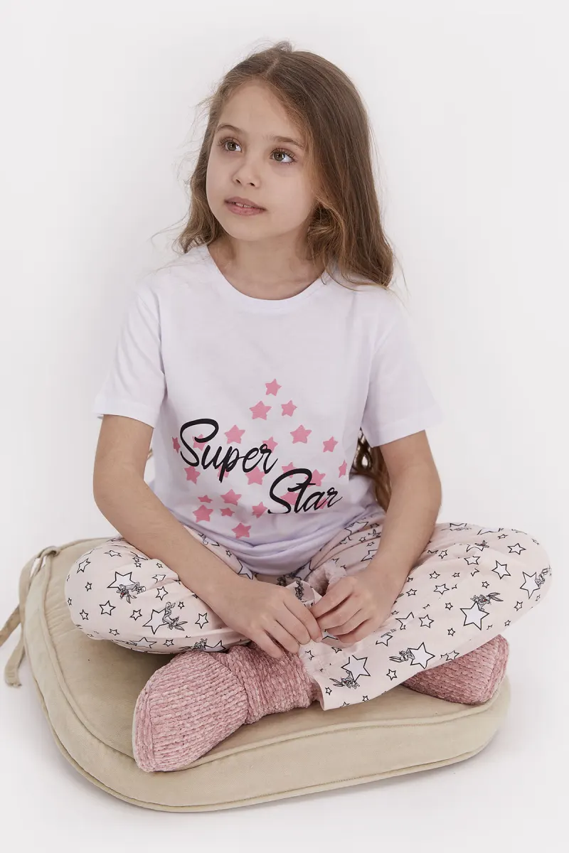 Pijama copii din bumbac cu tricou și pantaloni lungi – imprimeu mesaj și steluțe, alb