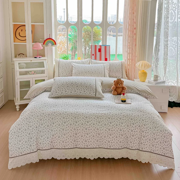 Lenjerie de Pat din 100% Bumbac cu Dantelă, 4 Piese, Cearșaf cu Elastic 180x200 cm