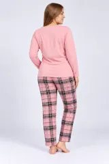 Pijama de dama cu bluza cu maneca lunga roz deschis si pantaloni lungi in carouri
