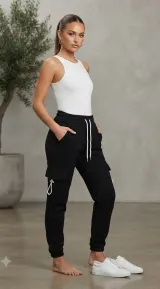 Pantaloni de trening damă negri cu șiret