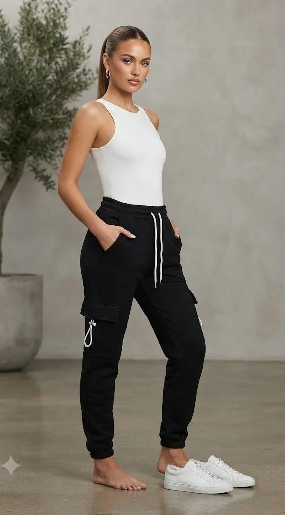 Pantaloni de trening damă negri cu șiret