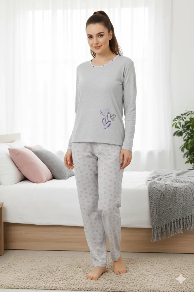 Pijama damă din bumbac mânecă lungă și pantaloni lungi lila