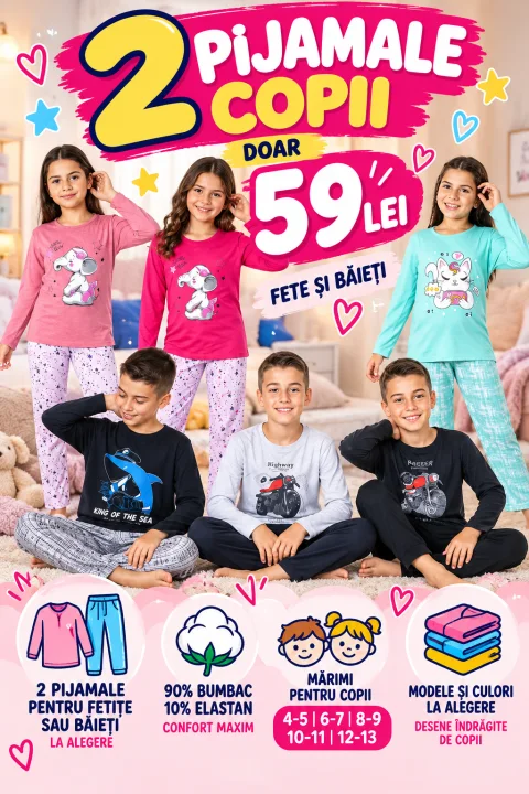 2 Pijamale Copii – Fete și Băieți – Doar 59 Lei