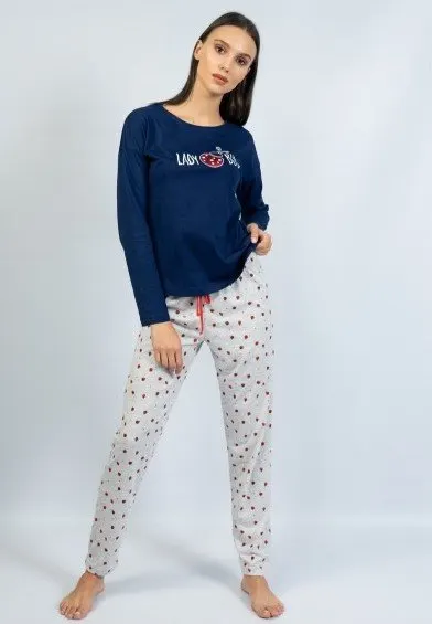 Pijamale damă cu mânecă lungă și pantaloni lungi, imprimeu buburuză
