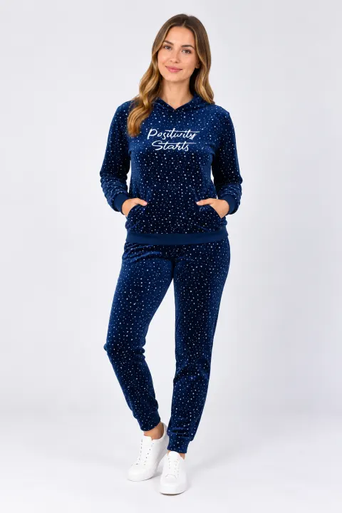 Trening damă din catifea, cu bluză cu glugă, pantaloni lungi și imprimeu „Positivity Starts”, bleumarin