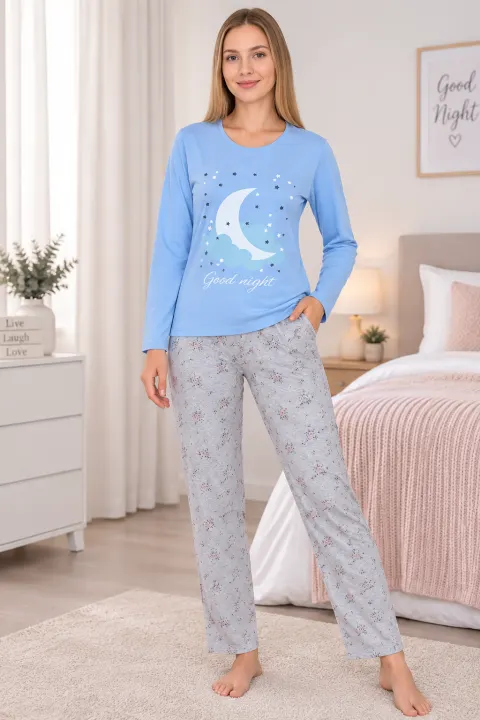 Pijama damă din bumbac mânecă lungă și pantaloni lungi blue