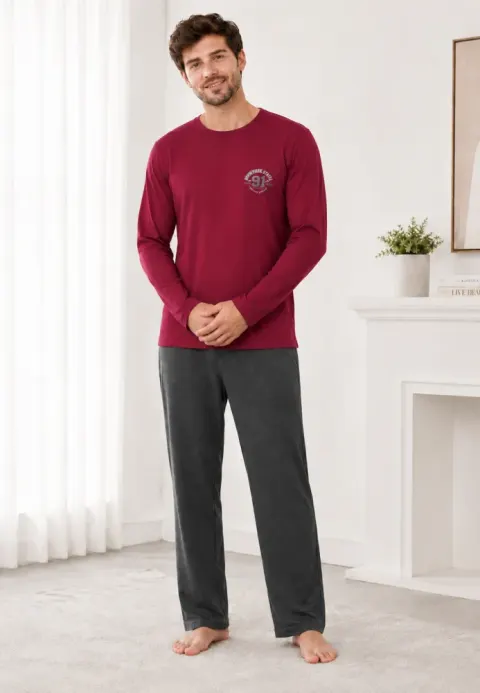Pijama barbat bordo cu gri