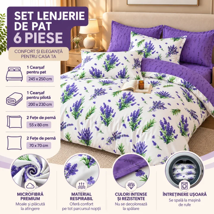 Set Lenjerie de Pat Dublu din Microfibră Premium, 6 Piese, Cearșaf 245x250 cm