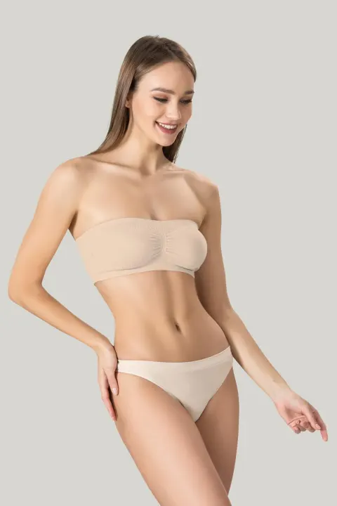 Bustieră damă Miss Fit elastică, fără bretele, cu pad-uri detașabile și design fără cusături, bej