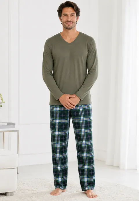 Pijama barbat kaki cu carouri mari