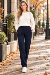 Pantaloni Damă Vătuiți cu Buzunare și Nasturi Decorativi, Bluemarin