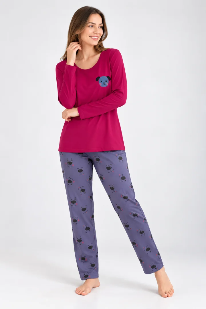 Pijama de dama fucsia cu maneca lunga si pantaloni lungi gri cu catelus