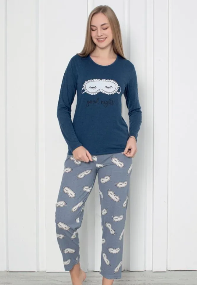 Pijama Damă Mâneca Lungă Pantalon Lung – Good Night Bleumarin