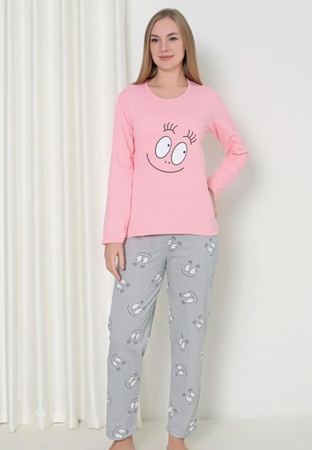 Pijama Damă – Mâneca Lungă, Pantalon Lung, Smile Roz - 1